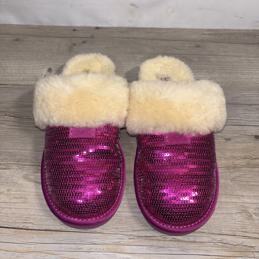 Women's 5 Ugg Taz Dazzle Pink Sequin Slipper Fuschia Ribbon Candy Pink Sparkle - Picture 3 of 9